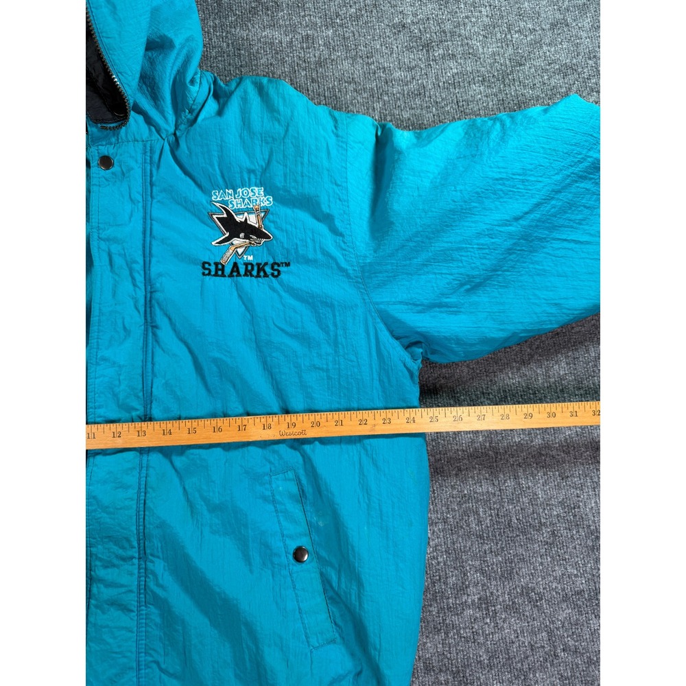 Vintage San Jose Sharks Jacket Mens Medium Teal Competitor 90s NHL Puffer Hooded - Picture 13 of 14